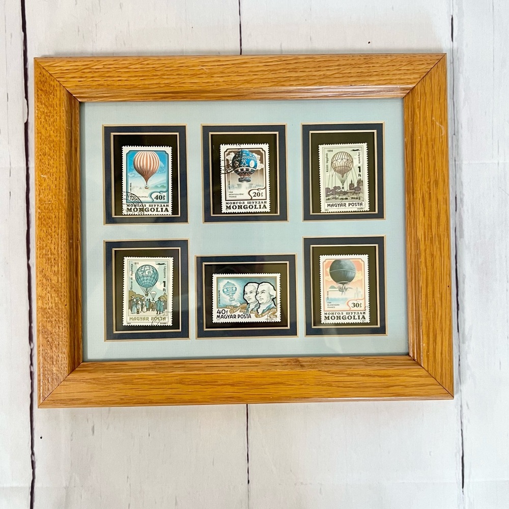 Vintage Hot Air Balloon Framed Stamp Art - Mongolia & Hungary Collection